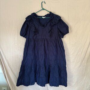 Crown & Ivy Cotton Eyelet Midi Dress Womens 3X Navy Blue Cottage Core Peasant
